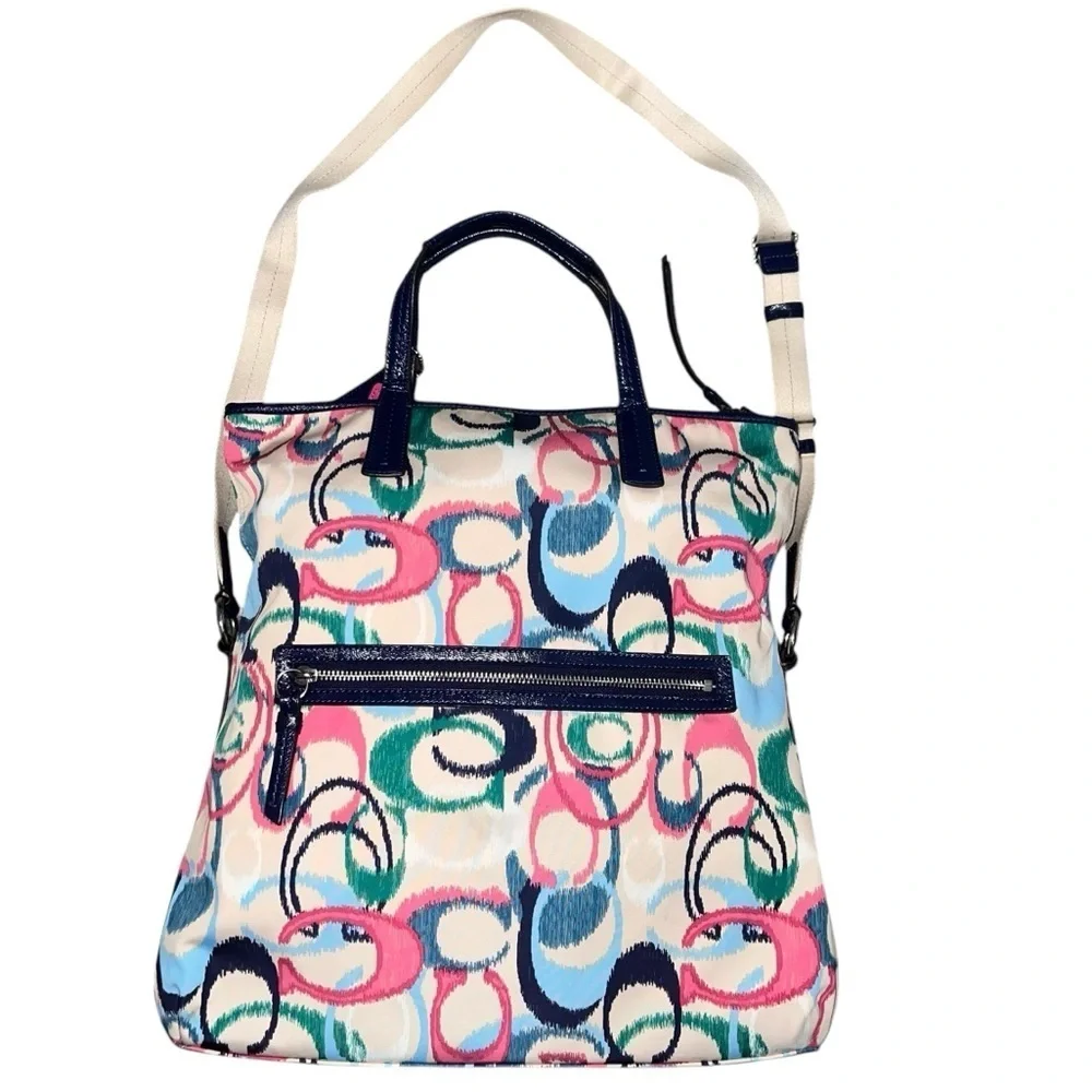 EUC Coach Signature Ikat Print Monogram Foldover Tote Crossbody Bag Navy Pink